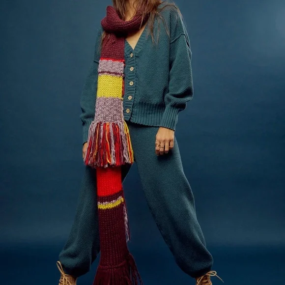 Free People Hailee Chunky Blue Button Cardigan Sweater Set Jogger M - Picture 2 of 8